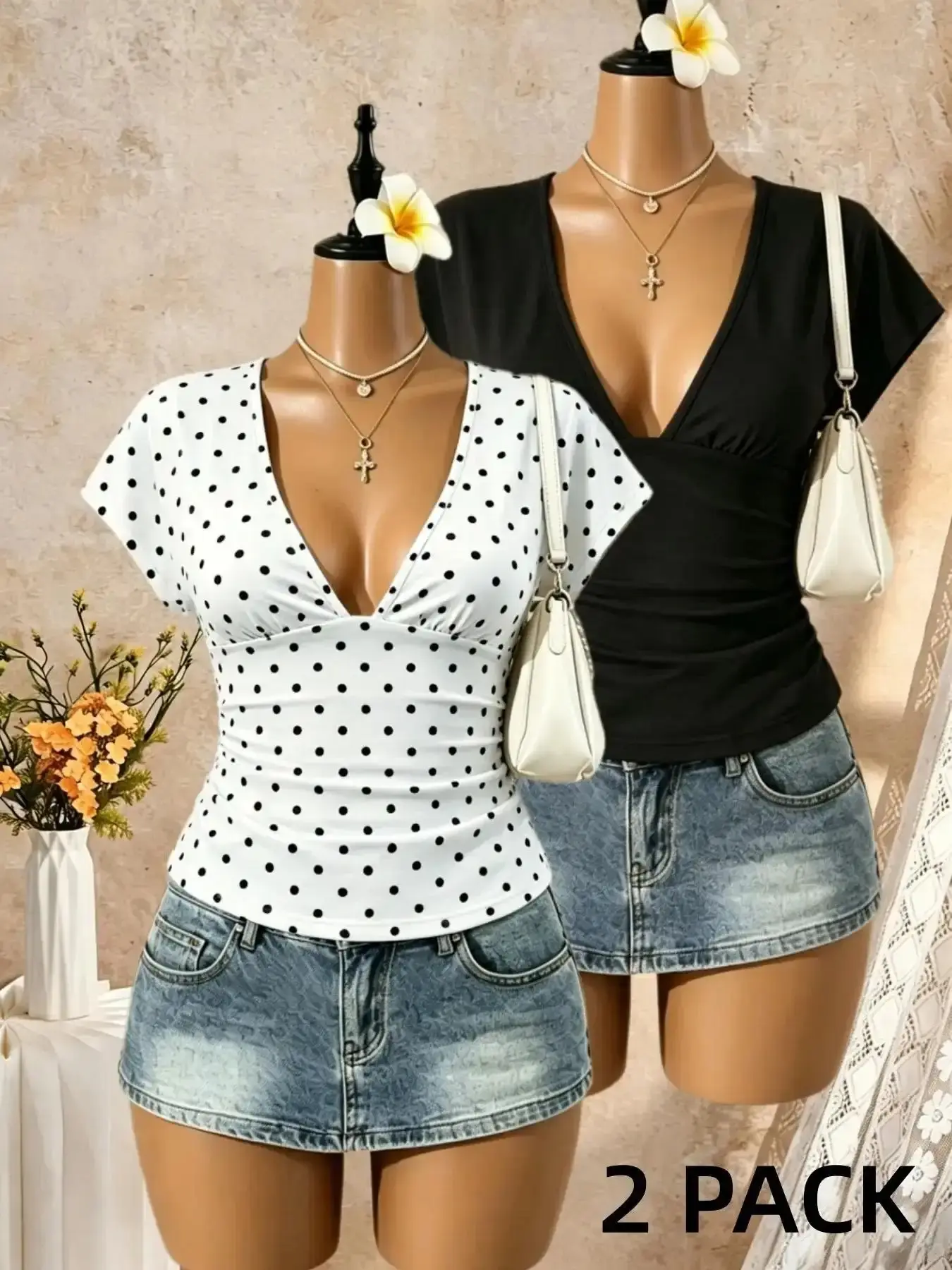 Deep V Shoulder Cover Short Sleeve T-Shirt, Waist Side Pleat Slim Fit, Casual Plain Top, Two-Piece Set for Daily Wear, Tops fashion forward viral style brunch outfit timeless basics