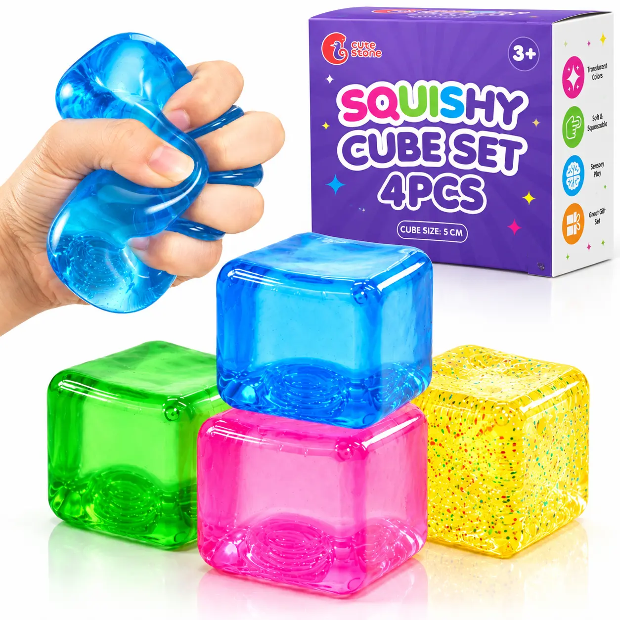 CUTE STONE 4 Pack Squishy Cube Fidget Toys, 2 Inch Stress Relief Sensory Toys, 3 Fixed Colors + 1 Random Glitter Mystery Cube, Soft Squeeze Toys for Kids and Adults, Birthday Gifts, Party Favors,familyfun