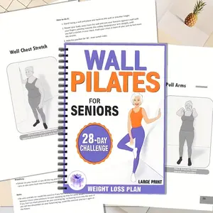 Fitness Book for Seniors & Beginners, 28-Day Challenge Guide, Wall Pilates & Chair Yoga, Large Print, Progress Tracking, Home Gym