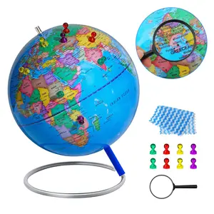 9" World Globe for kids Learning, Classroom Desk, Geographic Globe with iron Stand & colorful Magnetic Push Pins & magnifier & handkerchief, 360° Horizontal Rotation Educational World Globe, Blue