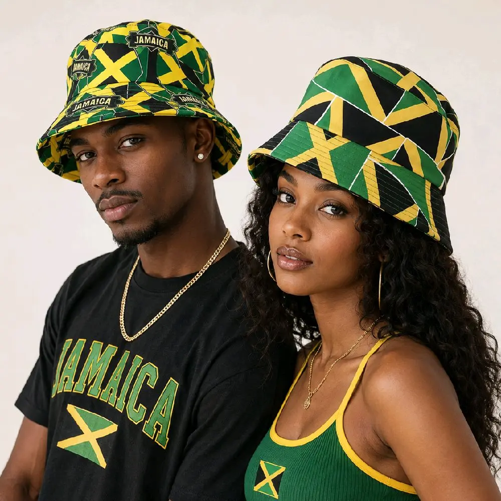 Jamaica Flag Bucket Hat - High-Quality Cotton Polyester Blend for Sun Protection & Outdoor Activities