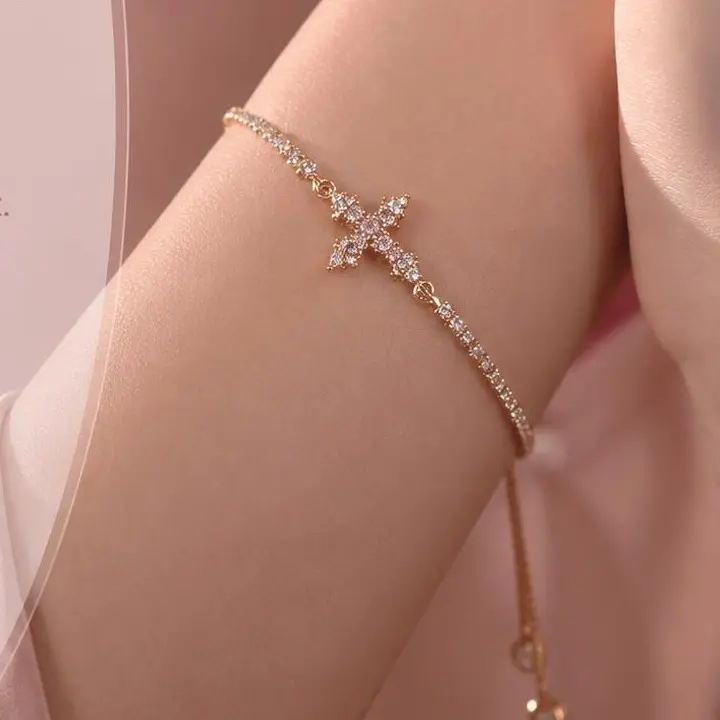 Cross Tennis Bracelet for Women, Rose Gold Plated with Pink Crystal Cross Pendant, Adjustable Slider, Arm Candy Accessories for Everyday Wear, Faith, Gold Aesthetic, Polished Brass, Bling Effect sohochic
