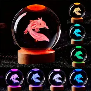 3D Salamander Laser-Engraved Crystal Ball Night Light, Multi-Color LED Base, Touch Control, Creative Birthday Gift, Glass Decorative Orb