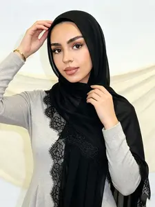 1pc Lightweight Embroidered Edge Long Scarf Hijab for Women, Soft Fabric Comfortable Wear, Breathable Hijab with Contrast Lace Design