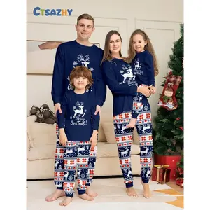 Family Matching Christmas Pajamas Set, Reindeer Snowflake Heart Knit Pattern, Casual Fitted Sleepwear for Fall & Winter