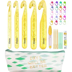 5 Large Crochet Hook,25mm 20mm 18mm 15mm 12mm Size Crochet Hooks, Large Crochet Hooks for Chunky Yarn,24PCS Big Crochet ,10mm-25mm Crochet Hook with Case(Yellow)