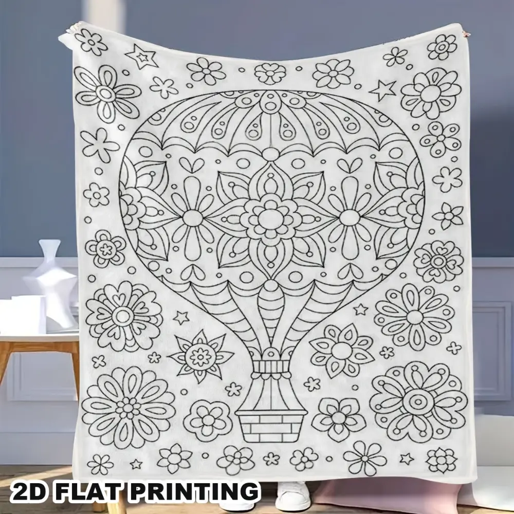 Hot Air Balloon Coloring Book Style Blanket, Soft Flannel Throw Blanket with Black White Floral Mandala Print, Cozy Gift for Kids Girls Teens and Art Lovers, Fun Aesthetic Room Decor for Bed Couch Sofa Dorm, Lightweight Blanket for Naptime Movie Night