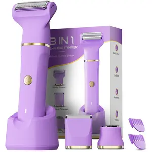 Bikini Trimmer 3 in 1 Electric Razor for Women - IPX7 Waterproof Wet & Dry Body Shaver, Pubic & Facial Hair Remover with Ceramic Blade, USB Rechargeable Dock & Gift ready