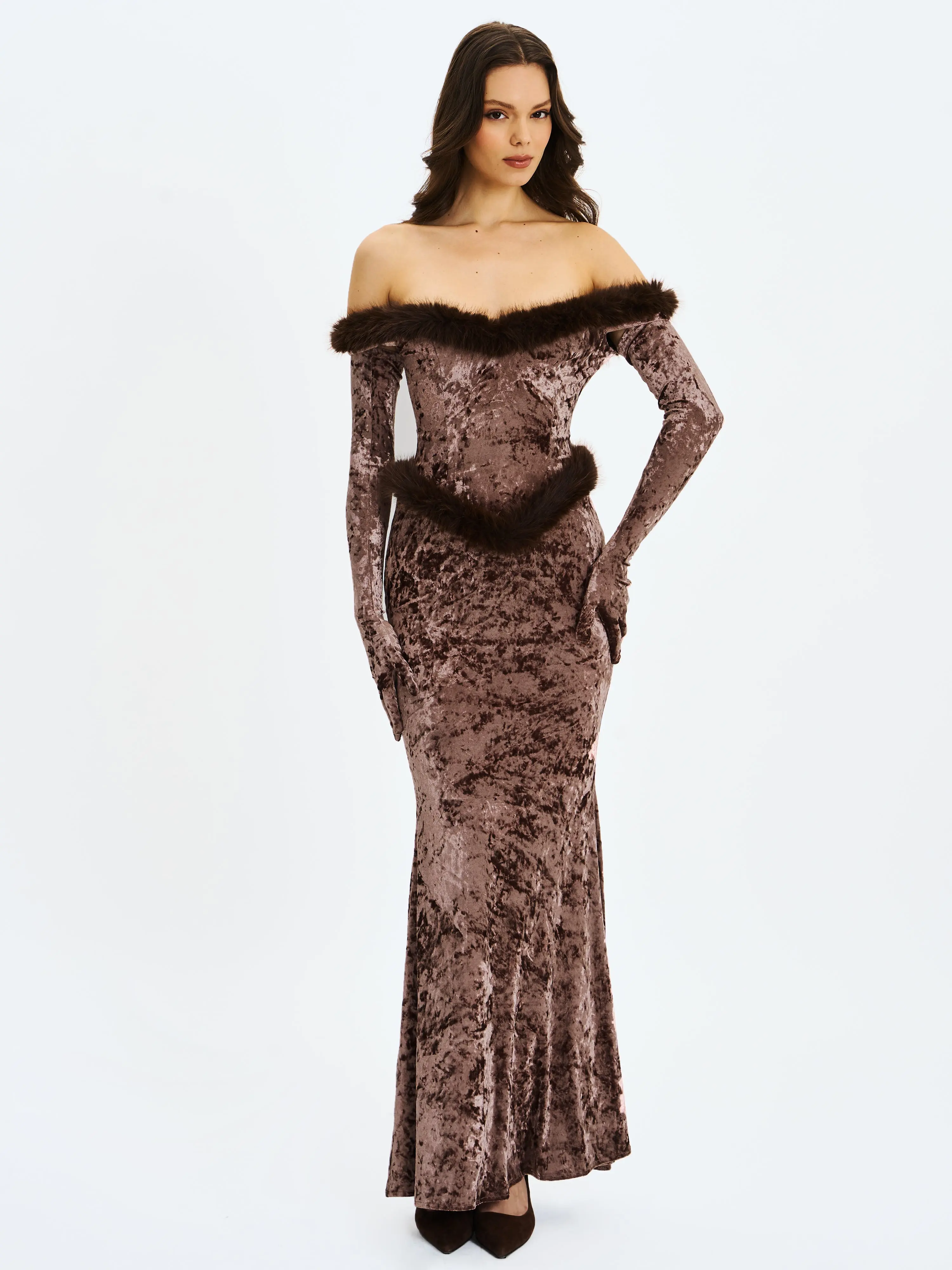 Tessa Coffee Sweetheart Bardot Faux Fur Velvet Mermaid Maxi Dress - TikTok Shop Tessa Coffee Sweetheart Bardot Faux Fur Velvet Mermaid Maxi Dress - TikTok Shop