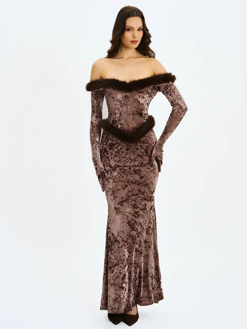 knee length dresses for ladies Gabrielle Fur Maxi Dress: Black Maxi Dress for Cocktail Party