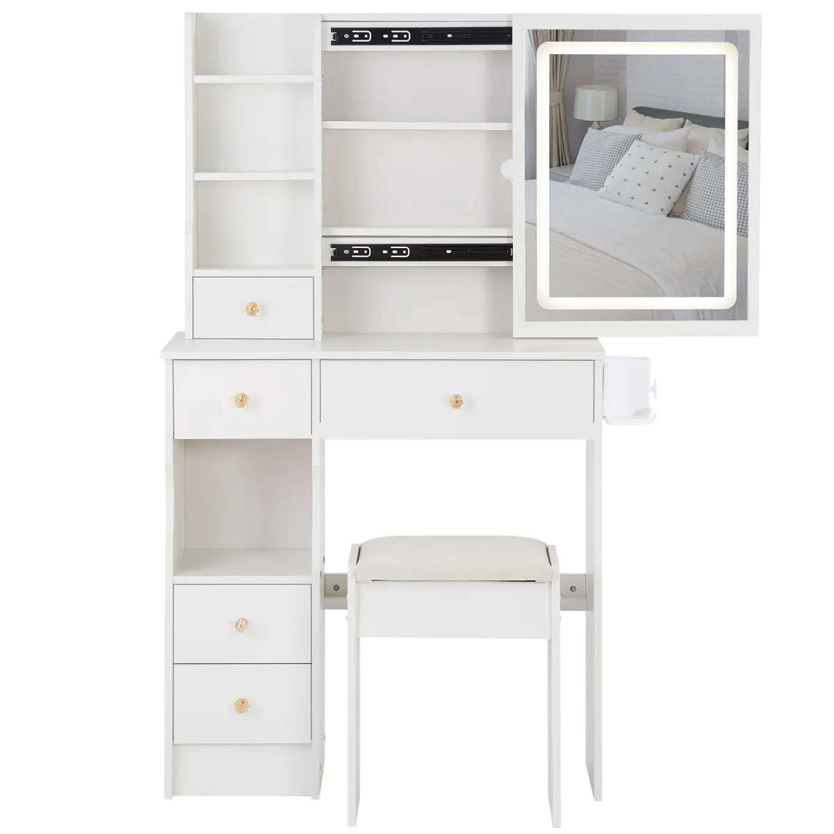 Girls' 29.2" Long Small Left-Drawer Desktop Makeup Vanity Table with Cushioned Stool, 2 AC+2 USB Power Station, Hair Dryer Bracket, Extra-Large Touch-Control Sliding LED Mirror, Tri-Color Switching, Adjustable Brightness, 50.4" High, Assembly Required, To