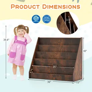 COSTWAY - 5-Tier Kids Bookshelf with Deep Compartments and Stable Baby Book Case-Rustic Brown