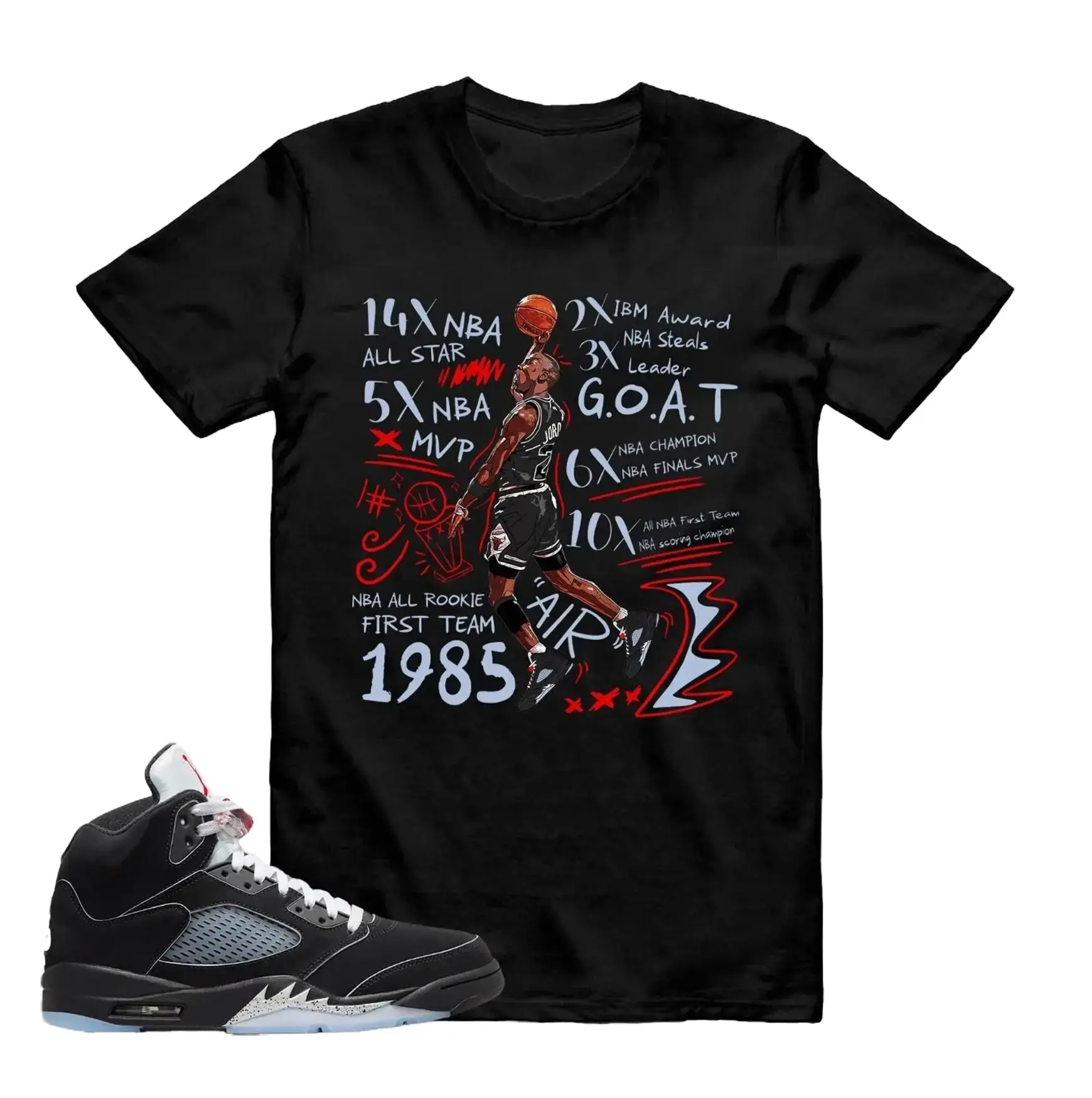 AJ5 Black Metallic Matching Shirt, MJ GOAT Dunk Graphic Tee, Rap HipHop Unisex T-Shirt, Gift For Women and Men, Best Gift