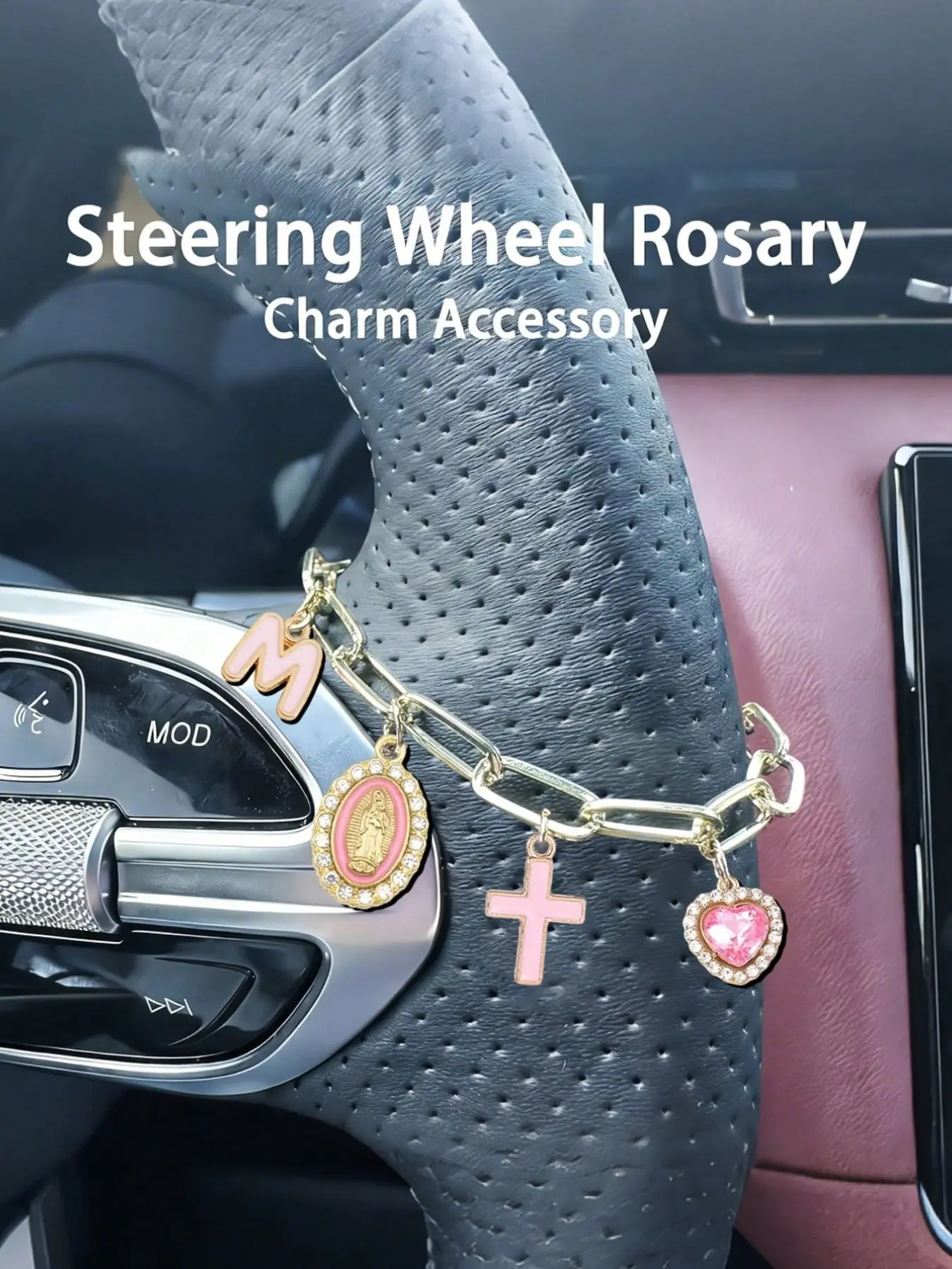 A charming pink heart-shaped rosary car dashboard decoration accessory, with customizable engraved initials. Catholic pendant, protective charm car accessory, cross keychain, adjustable chain, fashionable accessory, Car Interior Accessory
