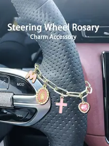 A charming pink heart-shaped rosary car dashboard decoration accessory, with customizable engraved initials. Catholic pendant, protective charm car accessory, cross keychain, adjustable chain, fashionable accessory, Car Interior Accessory