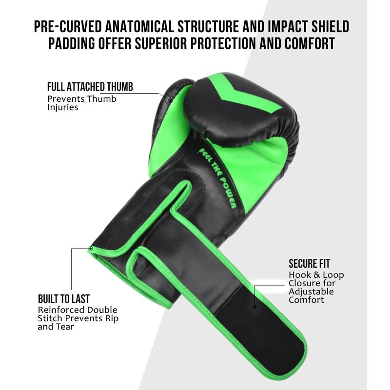 Exxact Sports Knockout Youth Boxing Gloves for Kids (3-15 Years) with Padded Protection and Wrist Support, Durable Engineered Leather Kids Boxing Gloves for Sparring (Black/Green)