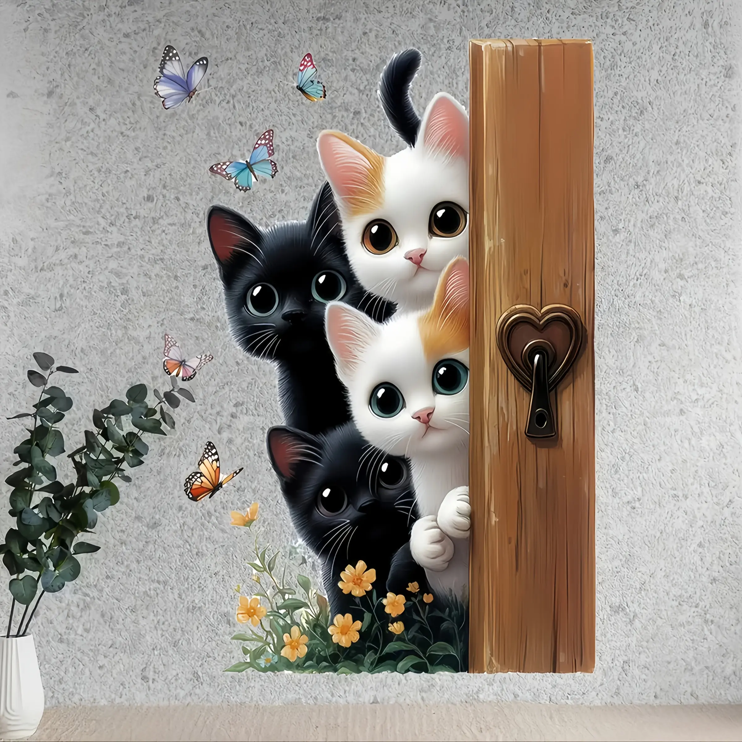 Cat Daisy Wall Sticker, Removable Wallpaper for Living Room and Bedroom Decor, Cozy Space Decoration, Home Decoration