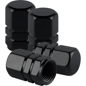 Aluminum Tire Stem Valve Caps Wheel Valve Covers Car Dustproof Tire Cap Cover Accessories, Universal for SUV, Car, Bike and Motorcycle, Hexagon Shape (4PCS Black)