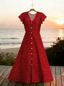 Women's Vintage Polka Dot French Style Dress, Holiday Fitted Knee Length, Short Sleeve, All over Print, Casual Fashion