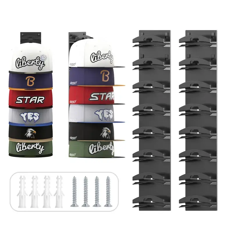 【SummerVibes】2-Pack Hat Organizer Wall-Mounted Baseball Cap Rack (Black/White), Adhesive Multi-Hook Utility Racks, Holds 16 Hats for Closet Door/Bedroom, Easy Access Display & Installation, Father's Day Gift, Wall-Mounted Multi-Hook Utility Racks