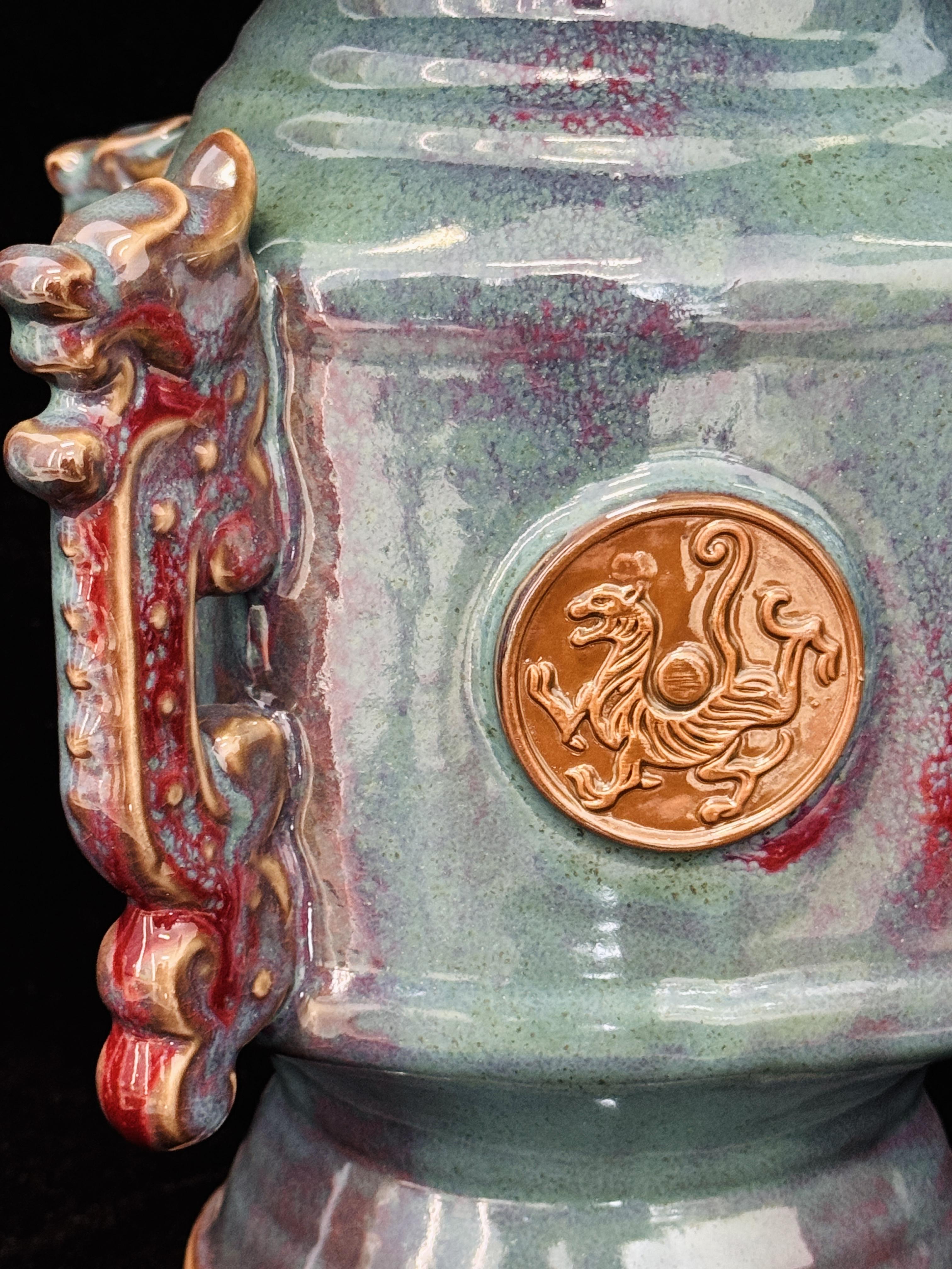 Handmade Chinese Jun Porcelain Vase with Mythical Beast Relief, Vintage Kiln-Fired Glaze Ceramic Vase, Unique Asian Art Home Decor
