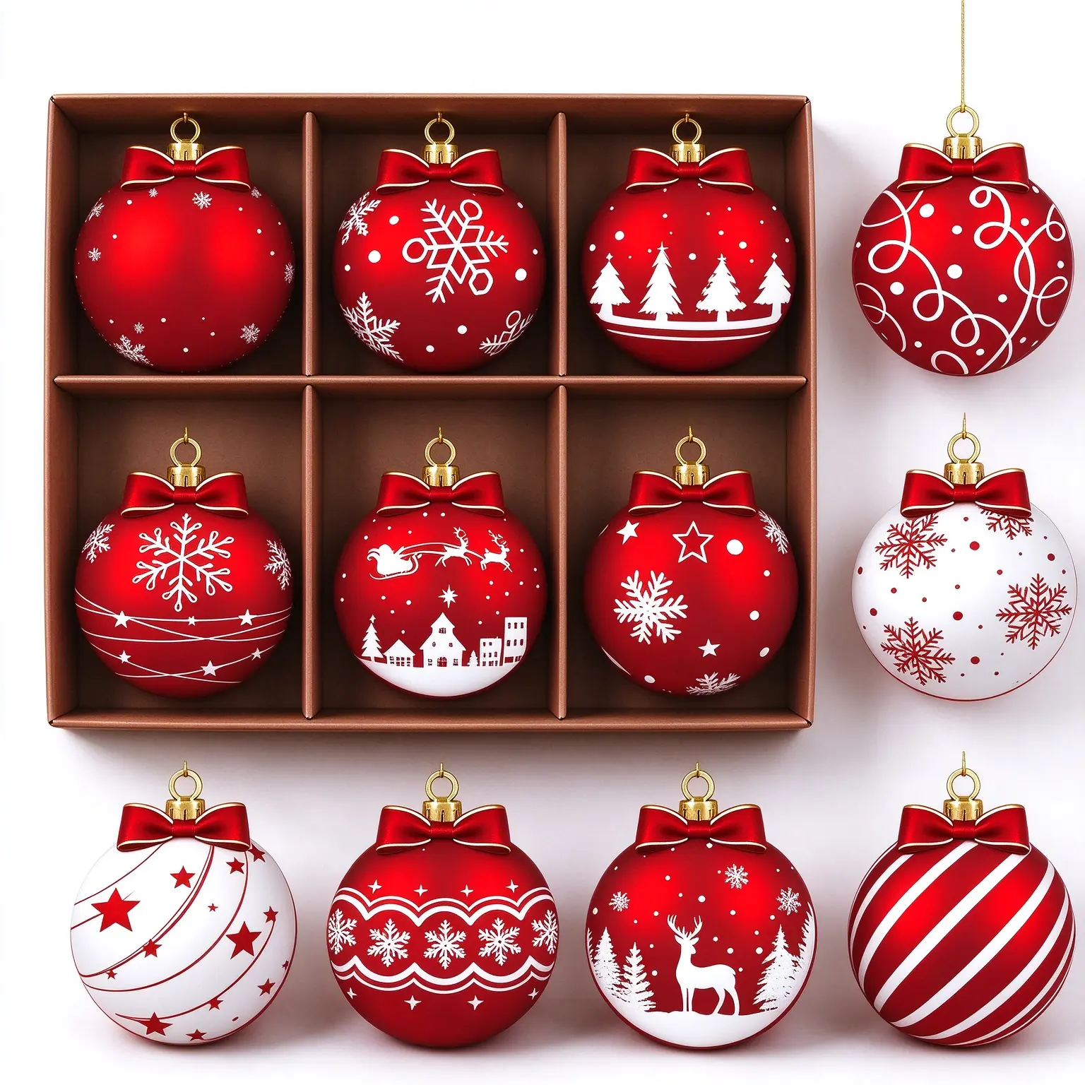 12Pcs Farmhouse Christmas Ball Ornaments Set, 2.36in Lightweight Smooth Red White Rustic Wooden Baubles, Hanging Xmas Tree Decorations for Home Party Gift