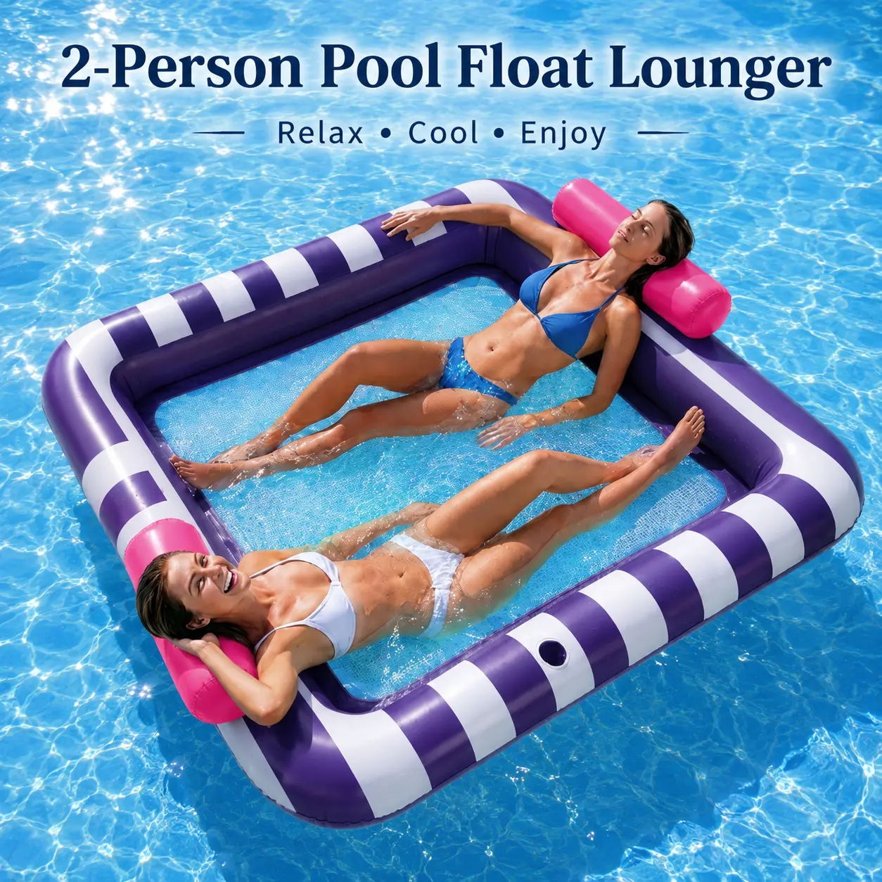 Mint Green Striped 2-Person Square Inflatable Pool Float Lounge, Floating Bed for Sunbathing, Home Festive Party Water Entertainment
