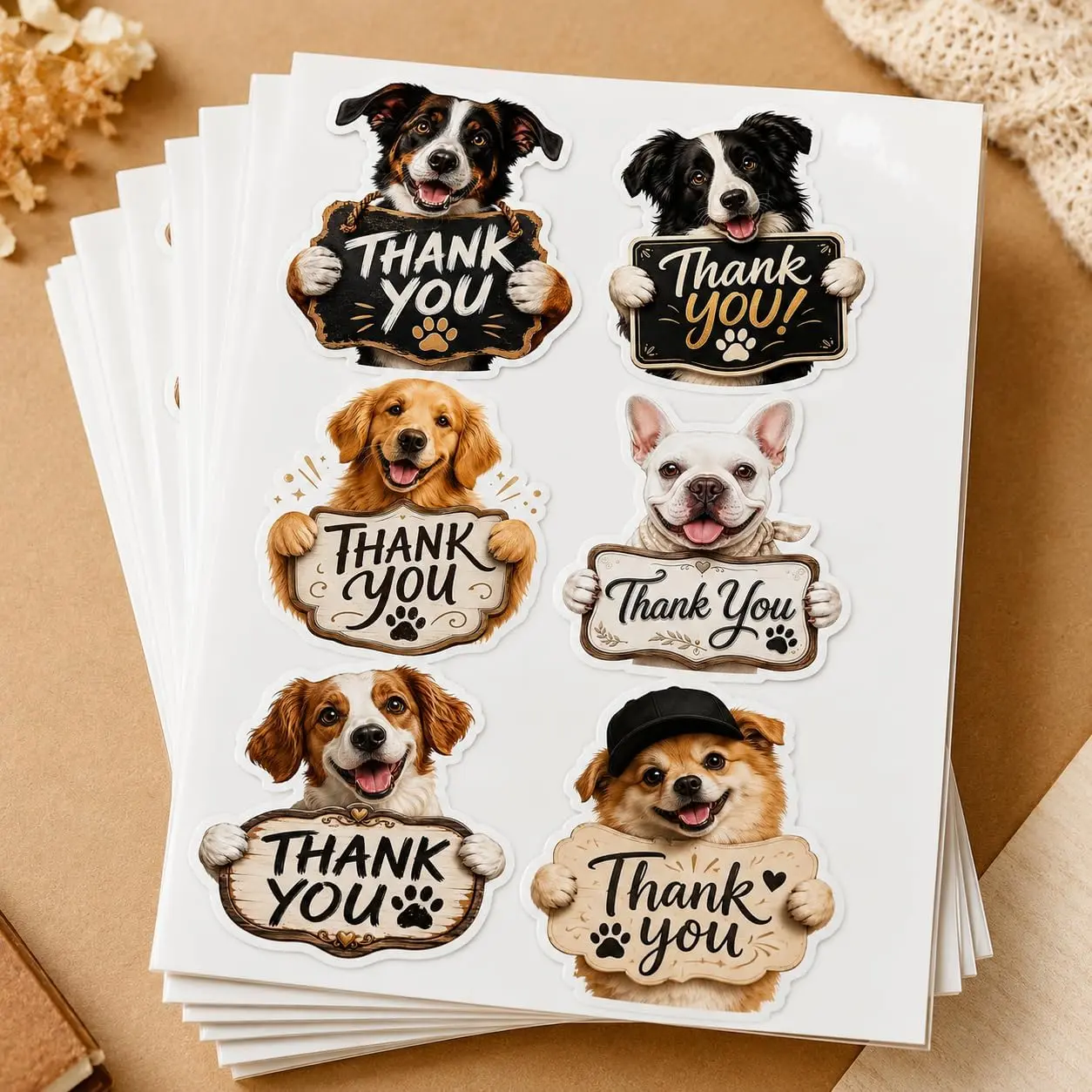 Dog Thank You Stickers 6 Style Funny Puppy Thank You Decals Vinyl Waterproof for Packaging, Envelopes, Pet Groomer, Vet Clinic, Small Business Labels, Cute Dog Lover Stickers