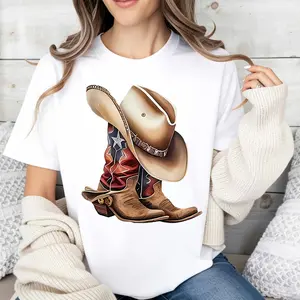 Casual Western Style Women's T-Shirt With Cowboy Boots And Let's Go Girls Print For Spring Summer Outfits Perfect Gift For Friends And Cowgirl Lovers