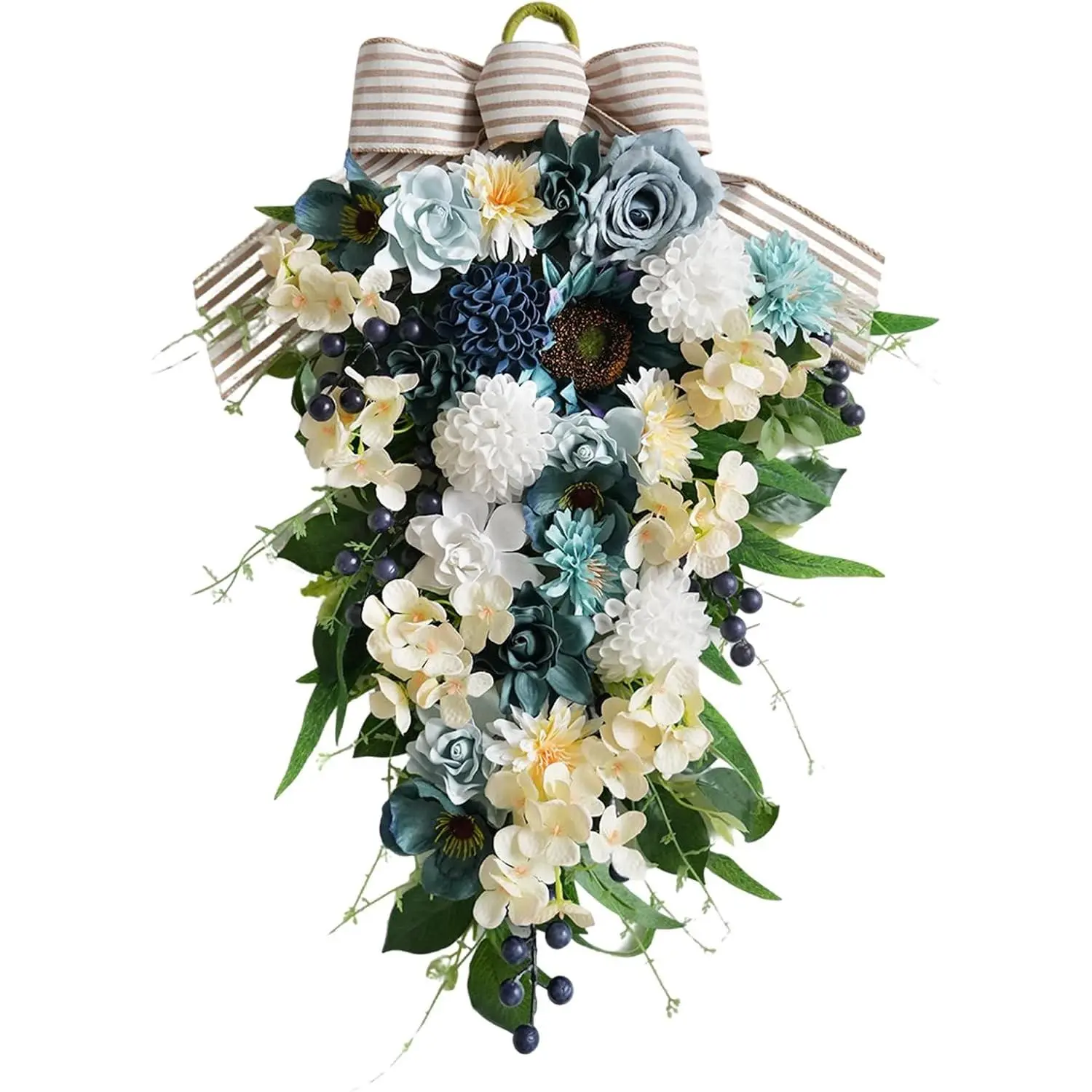 Idyllic 25 Inch Spring Blue Rose Door Hanging Artificial Floral Swag for Front Door Window Porch Stair Railing Spring Holiday Indoor Outdoor Home Decor