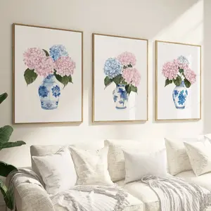 Pink and Blue Hydrangea Print, Bedroom Wall Art, Set of 3 Pink and Blue Wall Art, Flowers in Blue and White Vase for Living Room