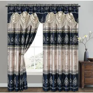 Harmony Horizon. Jacquard Farmhouse Window Curtain Panel Drape with Attached Fancy Valance. 2 count Set. Each pc 54" Wide x 90" Drop with 18" Valance. (Navy Blue)