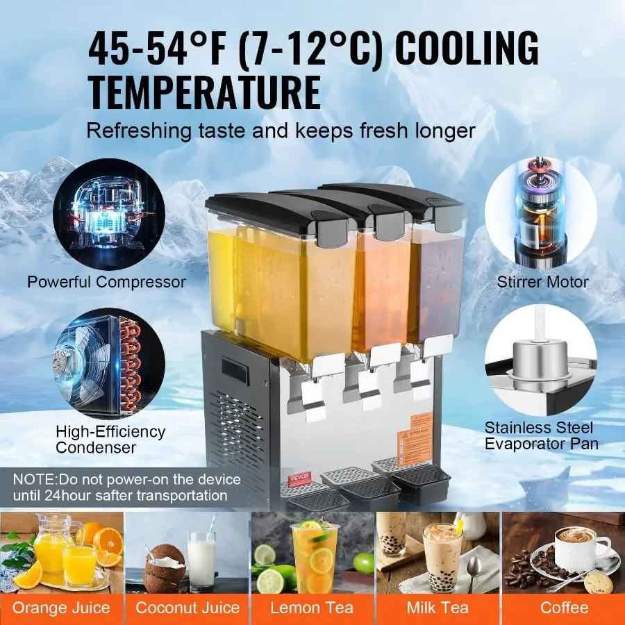 VEVOR Commercial Cold Drink Dispenser, 3-Tank 10L/10.6QT Per Tank Juice Machine, 440W Stainless Steel Ice Tea Cooler with 45°F-54°F Cooling Temp, for Restaurant Use, Cold Drink Dispense