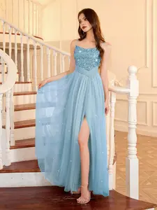 Girls' Elegant Lace Splicing Mesh A-Line Dress, Luxurious Embroidered Evening Party Gown, Sleeveless Long Dress for Weddings & Dates