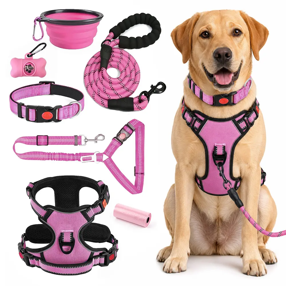 6 Packs No Pull Dog Harness, Collar & Leash Set with Travel Accessories, Includes Dog Seat Belt, Collapsible Bowls & Poop Bag Dispenser. Ideal for Training, Walking, Hiking. Fits Small to Large Dogs