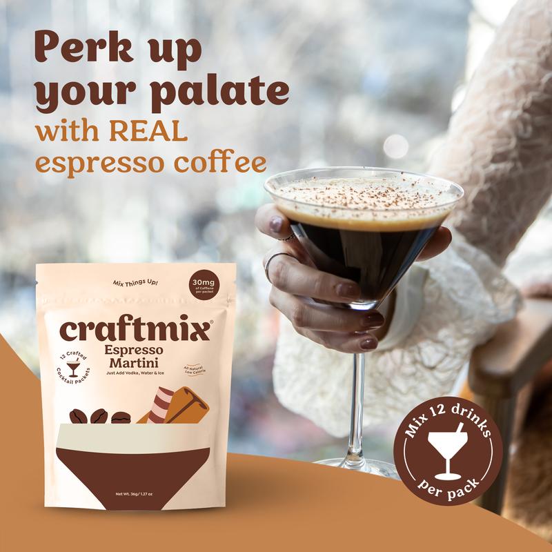 Craftmix Espresso Martini – Instant Espresso Cocktail & Mocktail Mix | Bold Coffee Flavor, 30mg Caffeine | Low Sugar, 25 Calories, Vegan & Gluten-Free (12 or 36 Pack)