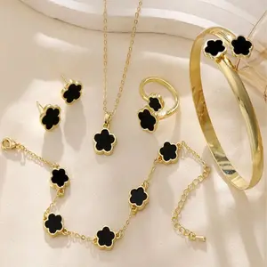 high jewelry 6pcs Korean Style New Lucky 5-Leaf Flower Earrings, Necklace, Bracelet, Ring Set. Fashion Jewelry For Valentine's Day, Daily Wear, Holiday Gift