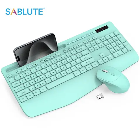 SABLUTE KM23D Silent Keycap Keyboard & 6-Button Mouse Combo - 2.4GHz Wireless 33ft 2.4G Link, KC213 Soft Membrane Keys, Full-Sized Ergonomic Set with Wrist Rest, Phone Holder, Sleep Mode, Battery-Powered for Office PC/Laptop Accessories