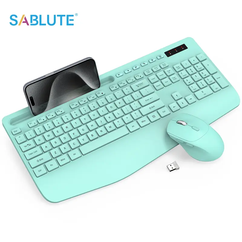 SABLUTE KM23D Silent Keycap Keyboard & 6-Button Mouse Combo - 2.4GHz Wireless 33ft 2.4G Link, KC213 Soft Membrane Keys, Full-Sized Ergonomic Set with Wrist Rest, Phone Holder, Sleep Mode, Battery-Powered for Office PC/Laptop Accessories