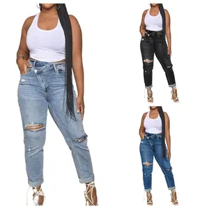 DUTUT Women's Slim Broken Hole Jeans Washed Fashion Slim Small Feet Design Denim Trouser Comfort Bottom Elastic Skinny Basic Fitted Womenswear Stretchy Soft Loose Drawstring Casual Clothes Cropped Light Polyester Made in USA - Fabric