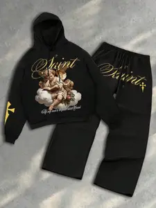 Vintage Angel Saint Oversized Hoodie and Wide Leg Sweatpants Set | Heavyweight Gold Foil Renaissance Streetwear Tracksuit for Men & Women | Aesthetic Winter OOTD Matching Set