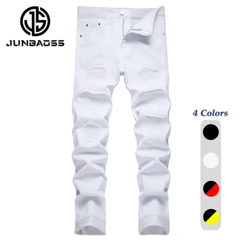 JUNBAOSS Men's Mid-Waist Slim Fit Stretch Ripped Denim Pants - Workout Plain Cotton Distressed Straight Leg Menswear Trousers, Streetwear Mens Fashion Clothes with Pockets for Casual Fall Wear summerwins,mens bottoms day giftsmen