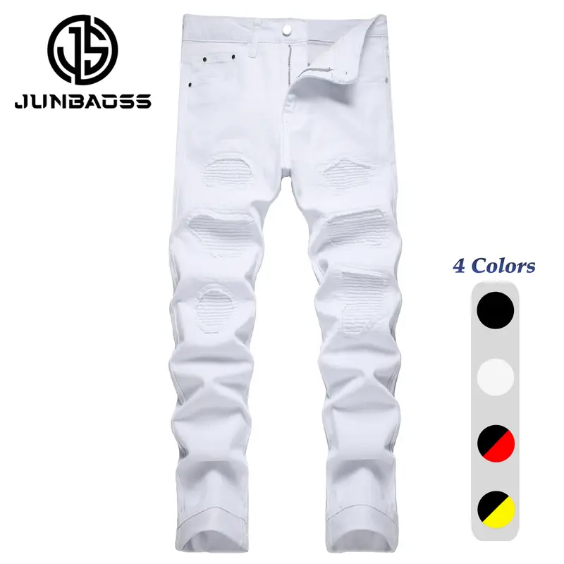 JUNBAOSS Men's Mid-Waist Slim Fit Stretch Ripped Denim Pants - Workout Plain Cotton Distressed Straight Leg Menswear Trousers, Streetwear Mens Fashion Clothes with Pockets for Casual Fall Wear summerwins,mens bottoms day giftsmen