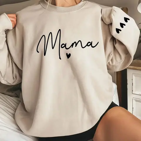 Women's Cartoon Mama Letter & Heart Print Pullover Sweatshirt, Casual Long Sleeve Crew Neck Pullover for Fall & Winter, Women's Clothes for Daily Wear
