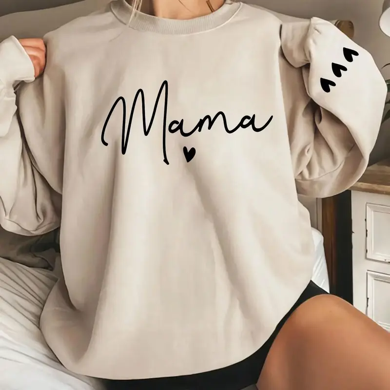 Women's Cartoon Mama Letter & Heart Print Pullover Sweatshirt, Casual Long Sleeve Crew Neck Pullover for Fall & Winter, Women's Clothes for Daily Wear