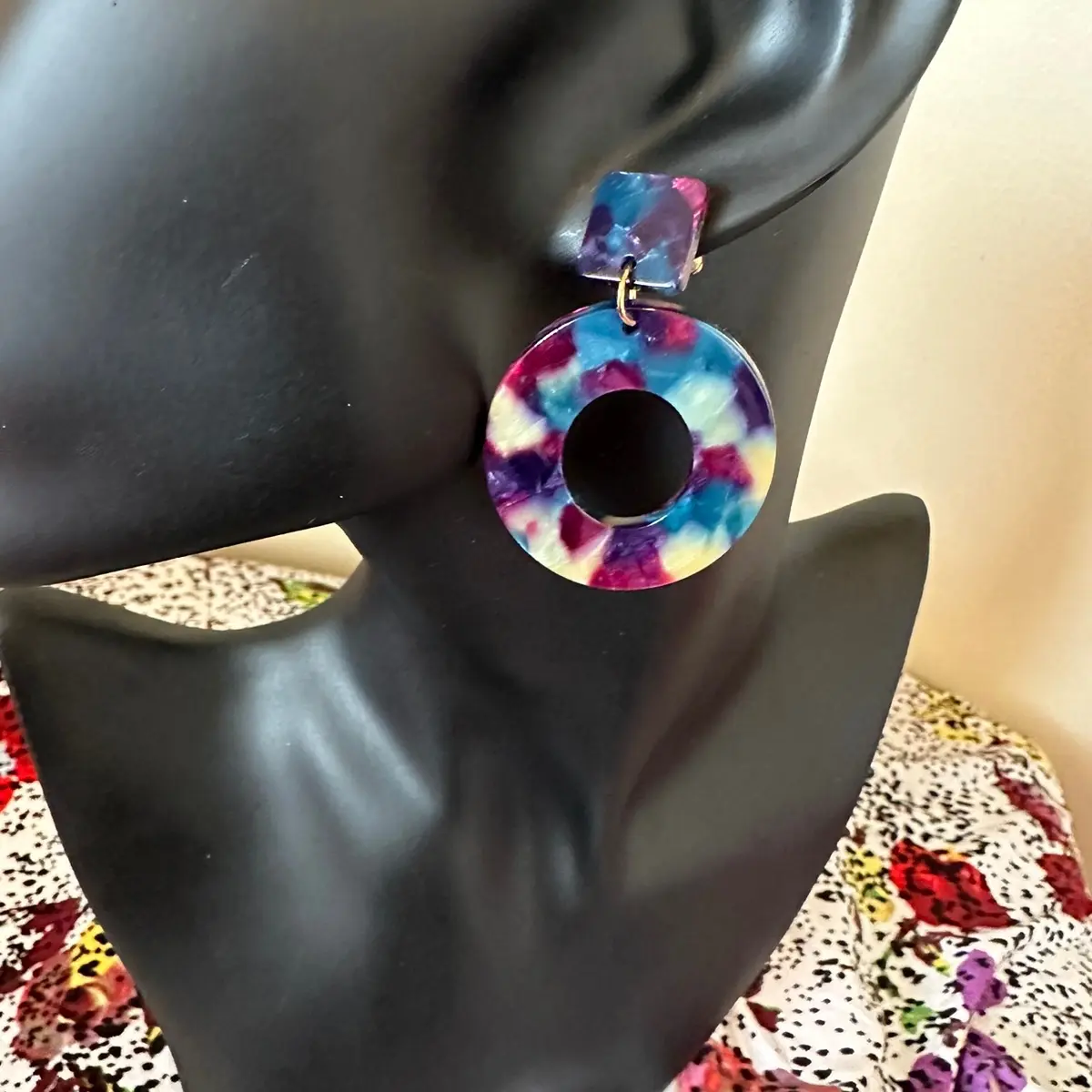 Magenta, purple, deep teal, cream Circle Earrings