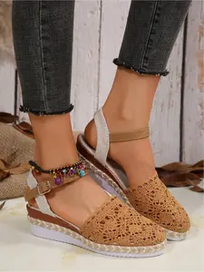 Women's Lace Fisherman Shoes, Summer Vintage Roman Sandals, Straw Woven Wedge Heel Slippers, Trendy Fashion Footwear, Adjustable Strap Sandals