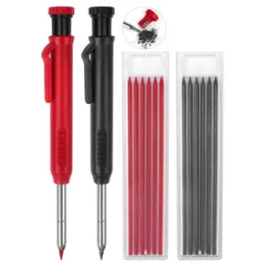 Carpenter Pencils Mechanical Pencils with 12 Refills, Construction Pencils with Built-in Sharpener, Long Nib Deep Hole Pencil Marker, Heavy Duty Woodworking Pencil for Architect (2 Colors)