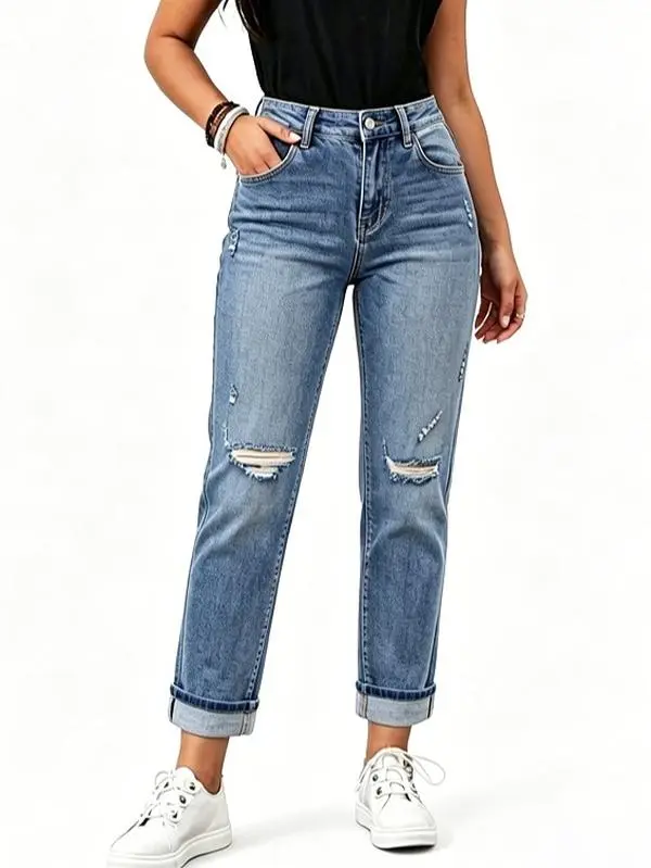 Women High Waist Ripped Distressed Roll Cuff Mom Jeans Stretch Ankle Cropped Light Wash Denim Pants Casual Daily Streetwear Trousers