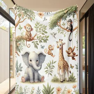 1pc Tropical Jungle Companion Fur Blanket, Cozy Throw Blanket, soft plush elephant, monkey print blanket, Figure Print Blanket, warm blanket for children, lightweight blanket for cribs and strollers, home décor and holiday gift for family and friends